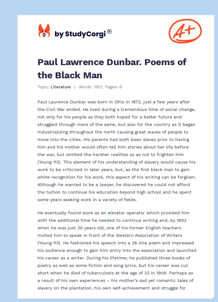 Paul Lawrence Dunbar. Poems of the Black Man. Page 1