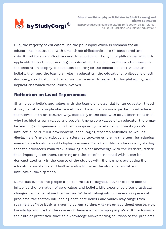 Education Philosophy as It Relates to Adult Learning and Higher Education. Page 2