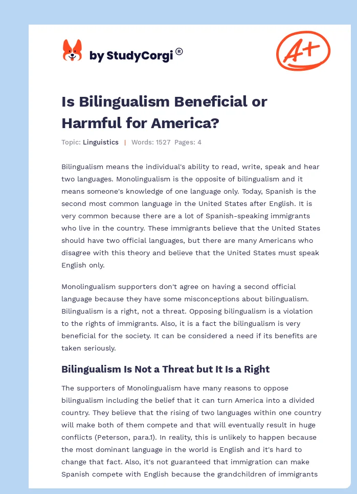 Is Bilingualism Beneficial or Harmful for America?. Page 1