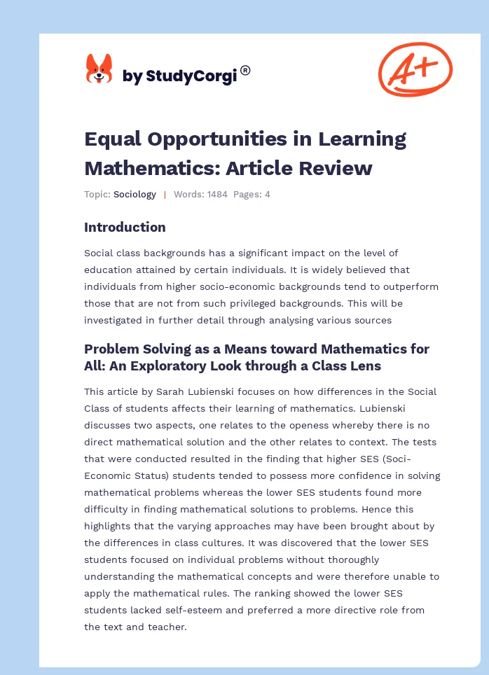Equal Opportunities in Learning Mathematics: Article Review. Page 1