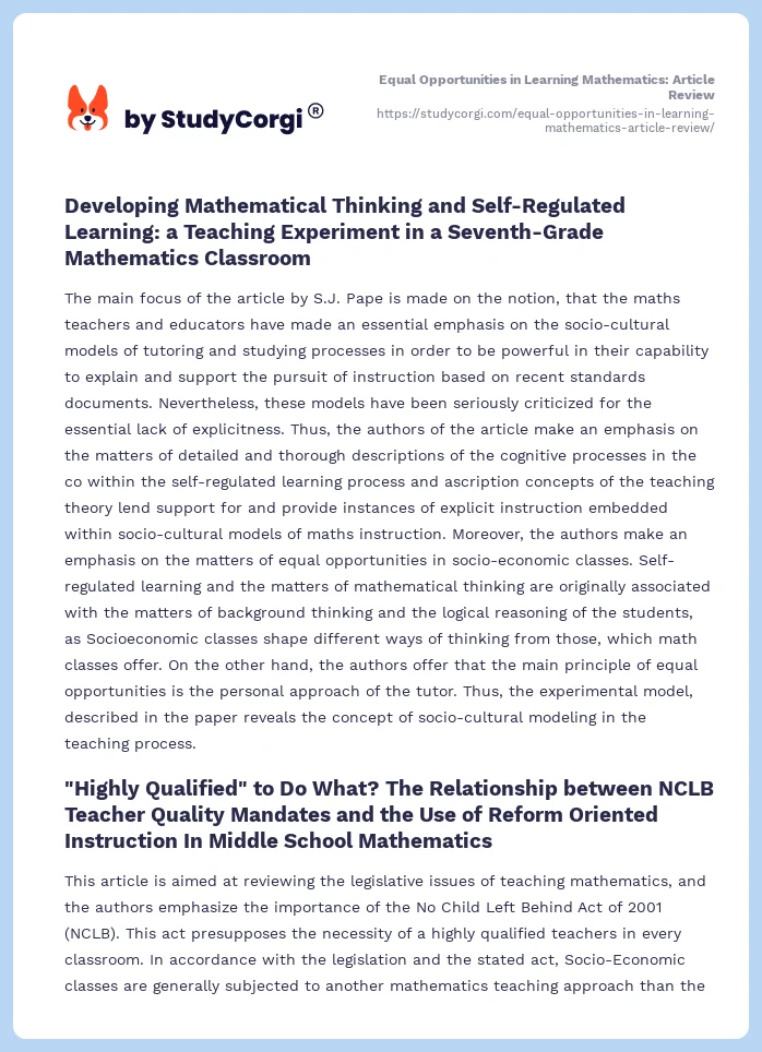 Equal Opportunities in Learning Mathematics: Article Review. Page 2