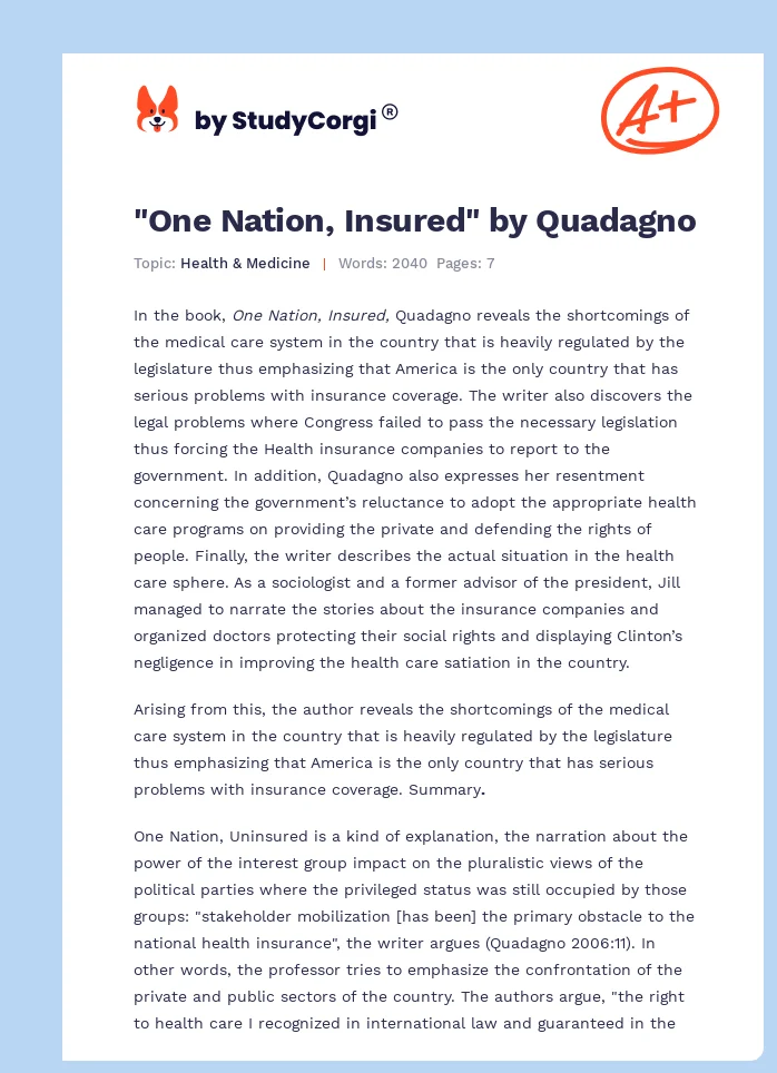 "One Nation, Insured" by Quadagno. Page 1