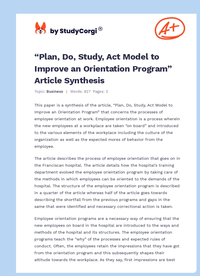 “Plan, Do, Study, Act Model to Improve an Orientation Program” Article Synthesis. Page 1