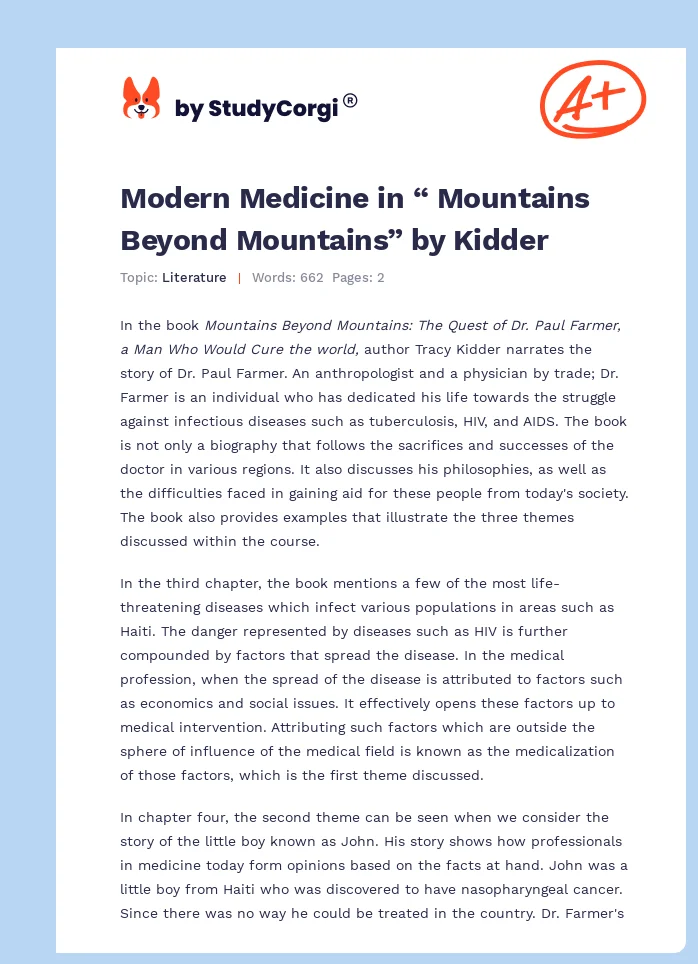 Modern Medicine in “ Mountains Beyond Mountains” by Kidder. Page 1