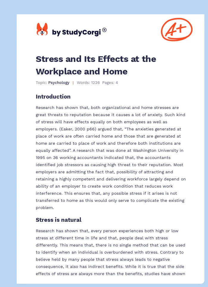 Stress and Its Effects at the Workplace and Home. Page 1