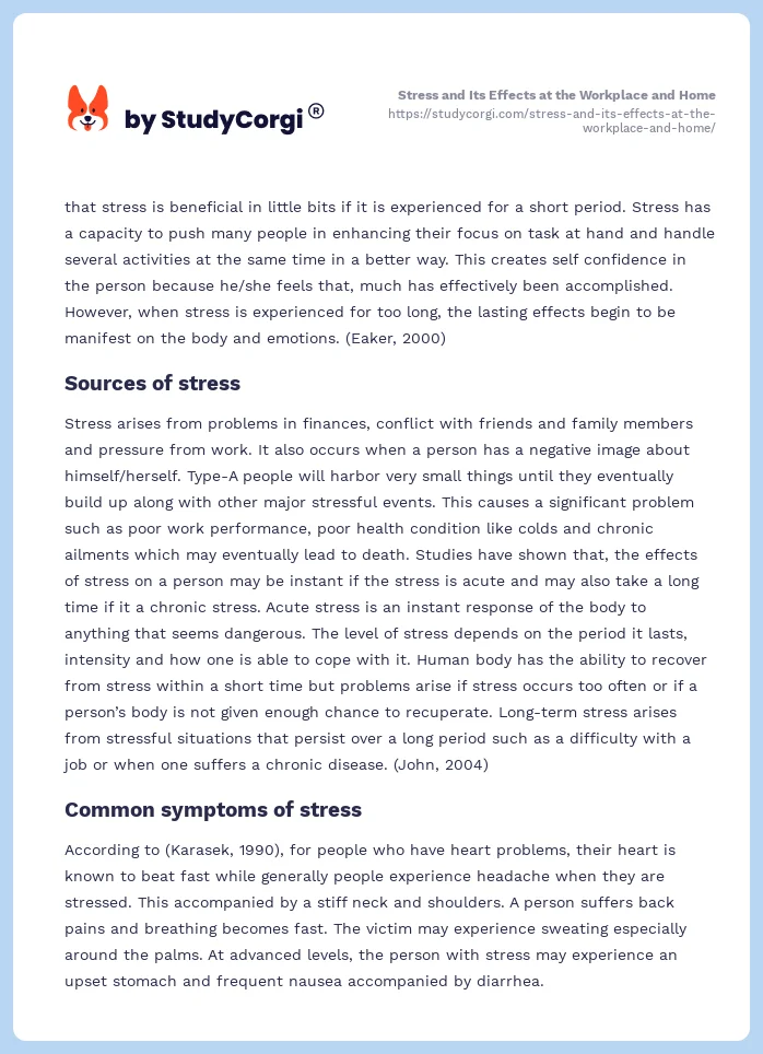 Stress and Its Effects at the Workplace and Home. Page 2