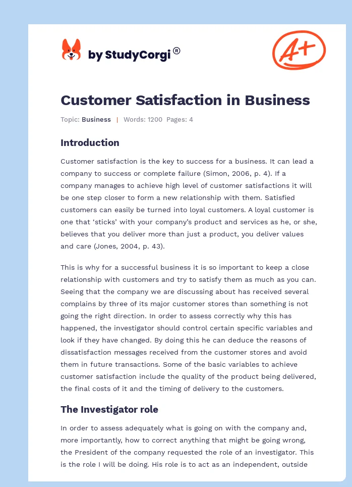 Customer Satisfaction in Business. Page 1