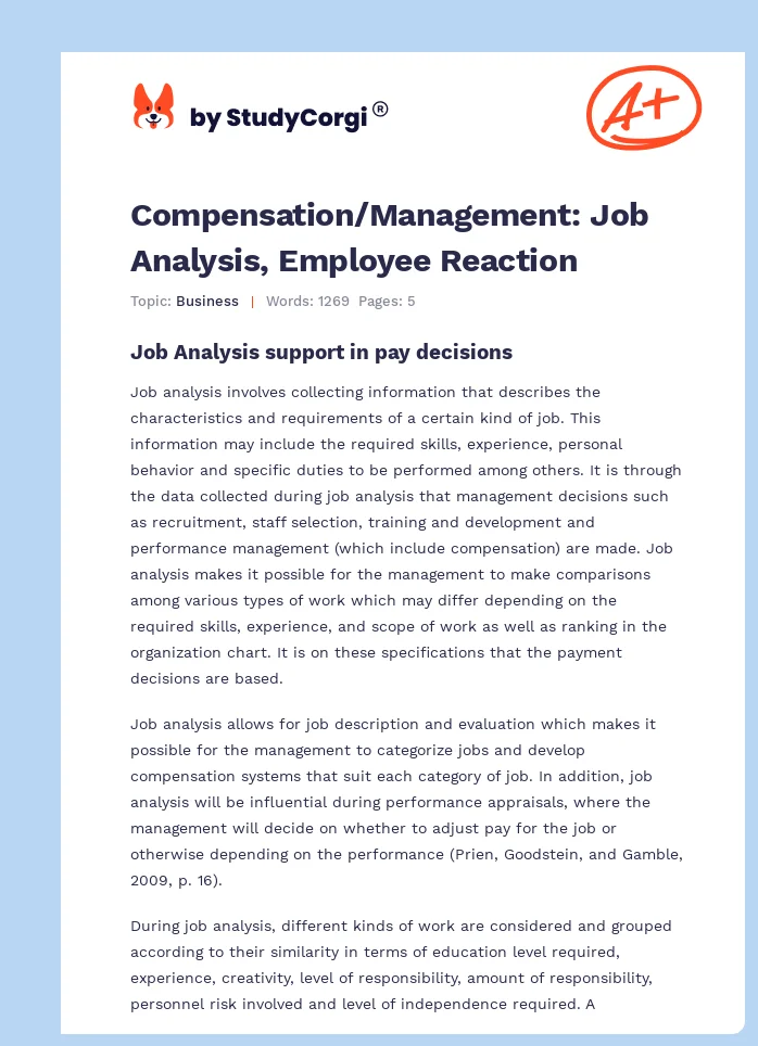 Compensation/Management: Job Analysis, Employee Reaction. Page 1