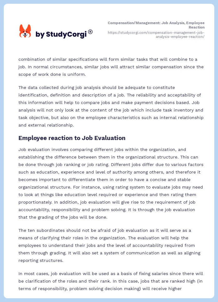 Compensation/Management: Job Analysis, Employee Reaction. Page 2