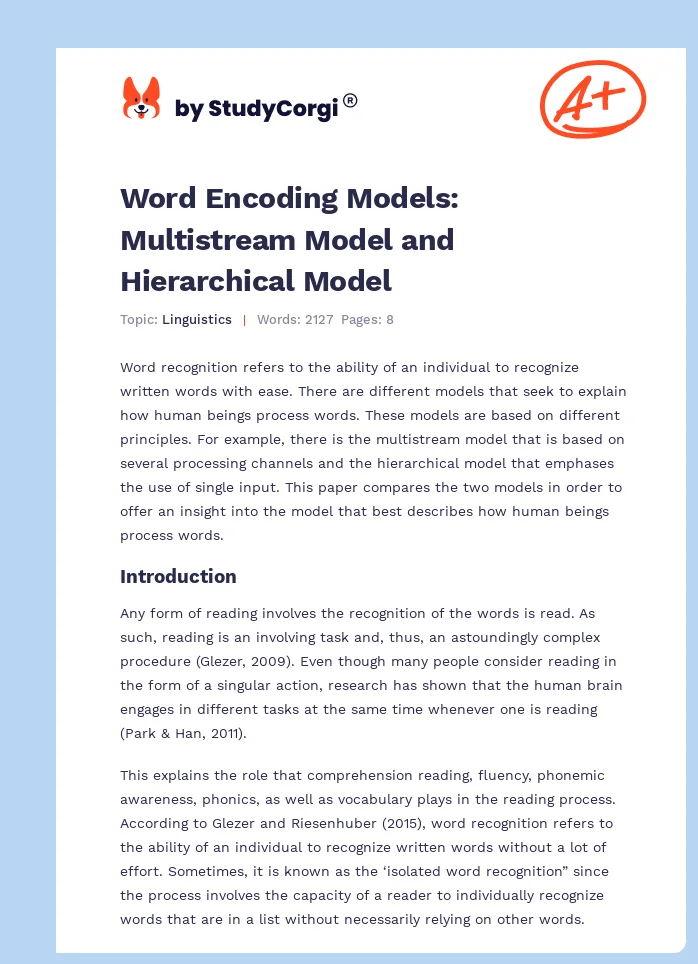 Word Encoding Models: Multistream Model and Hierarchical Model. Page 1