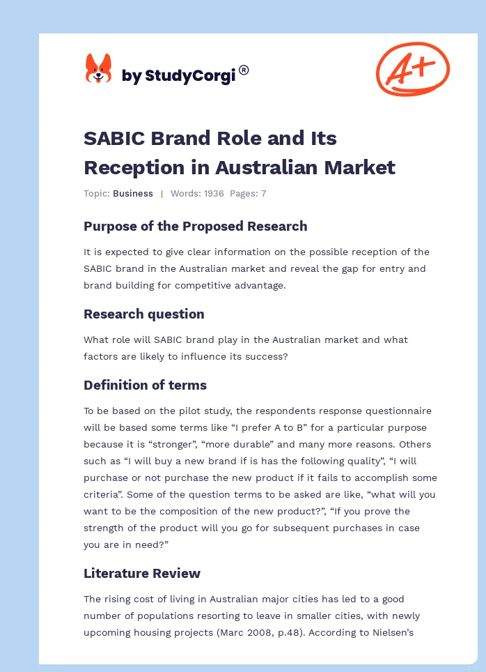 SABIC Brand Role and Its Reception in Australian Market. Page 1