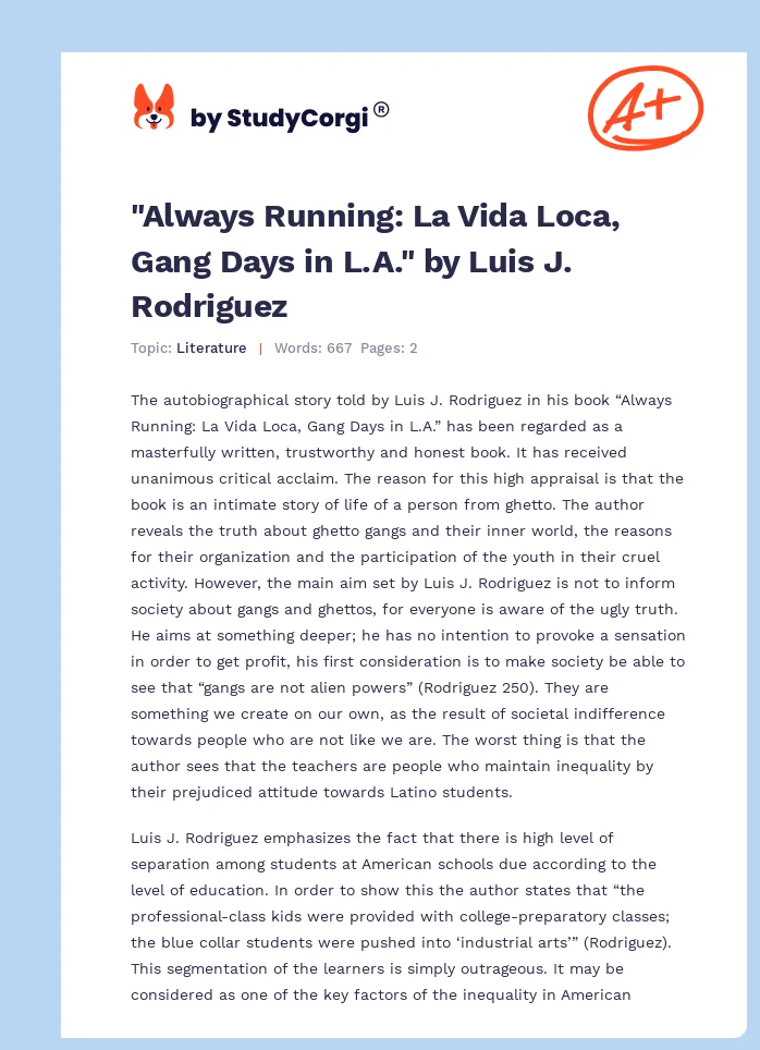 "Always Running: La Vida Loca, Gang Days in L.A." by Luis J. Rodriguez. Page 1