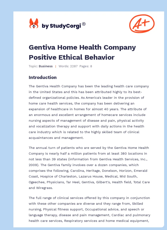 Gentiva Home Health Company Positive Ethical Behavior. Page 1