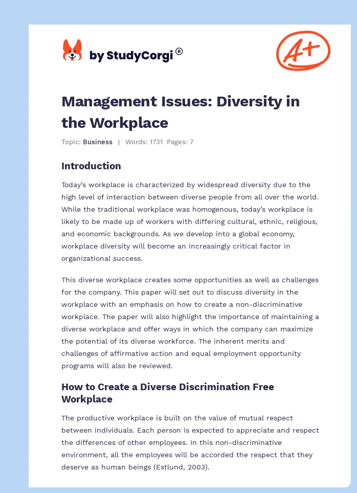 Management Issues: Diversity in the Workplace. Page 1