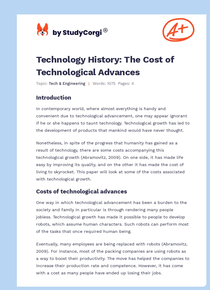 Technology History: The Cost of Technological Advances. Page 1