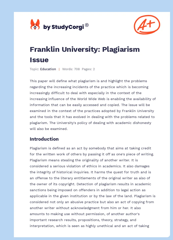 Franklin University: Plagiarism Issue. Page 1