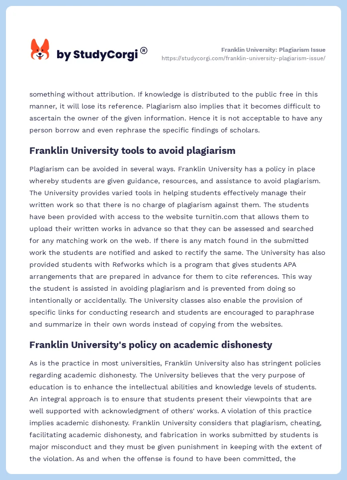 Franklin University: Plagiarism Issue. Page 2