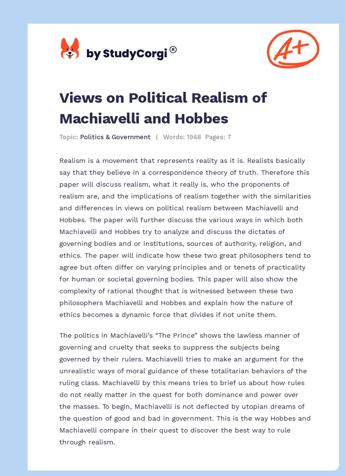Views on Political Realism of Machiavelli and Hobbes. Page 1