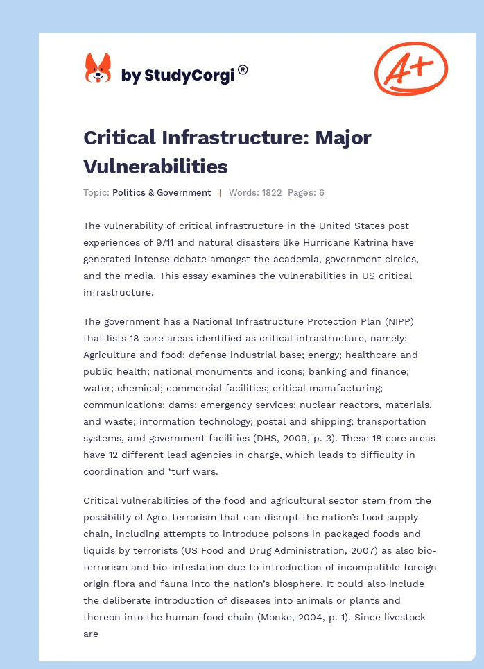 Critical Infrastructure: Major Vulnerabilities. Page 1
