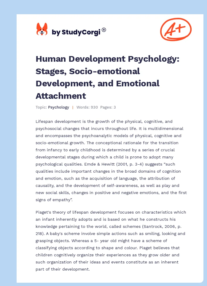 Human Development Psychology: Stages, Socio-emotional Development, and Emotional Attachment. Page 1