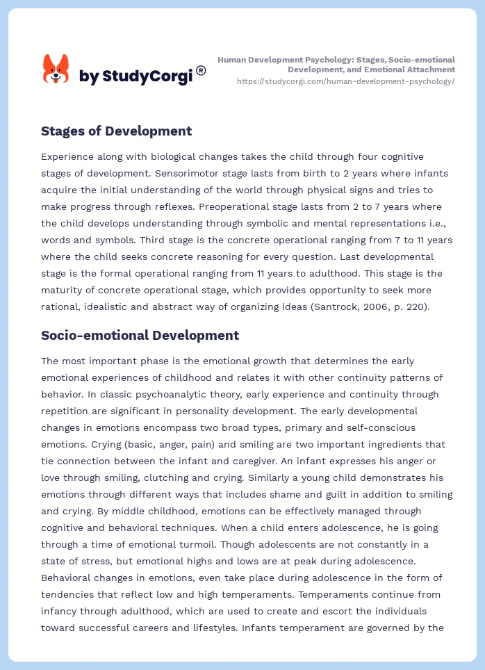 Human Development Psychology: Stages, Socio-emotional Development, and Emotional Attachment. Page 2