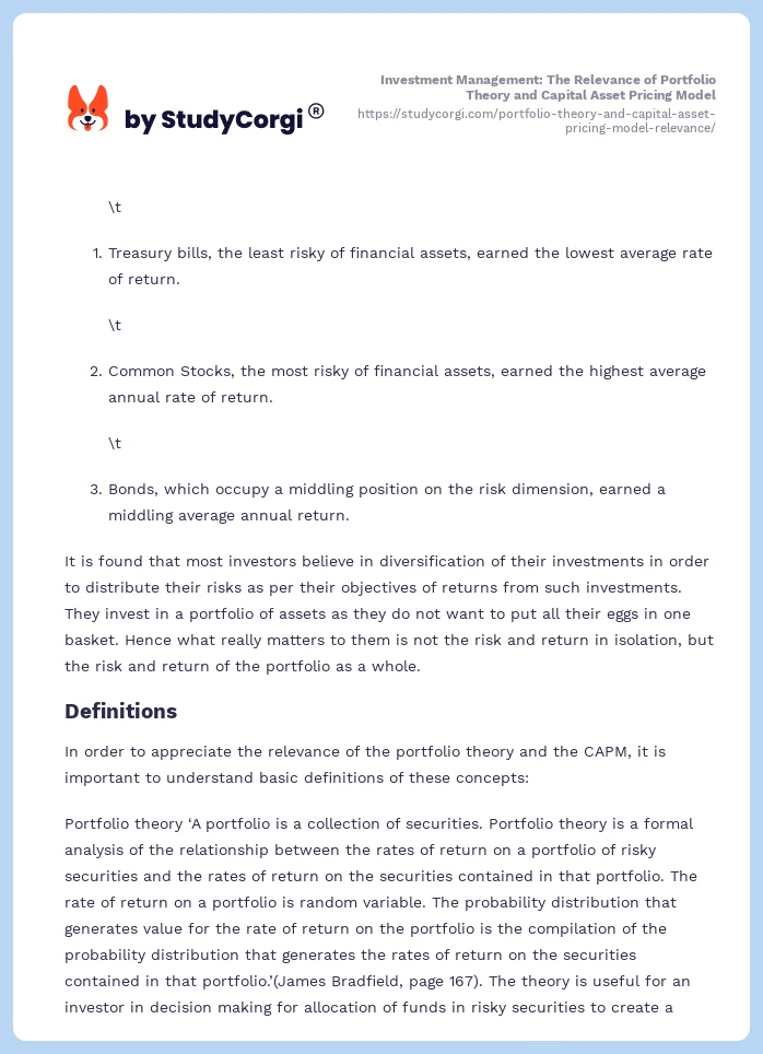 Investment Management: The Relevance of Portfolio Theory and Capital Asset Pricing Model. Page 2
