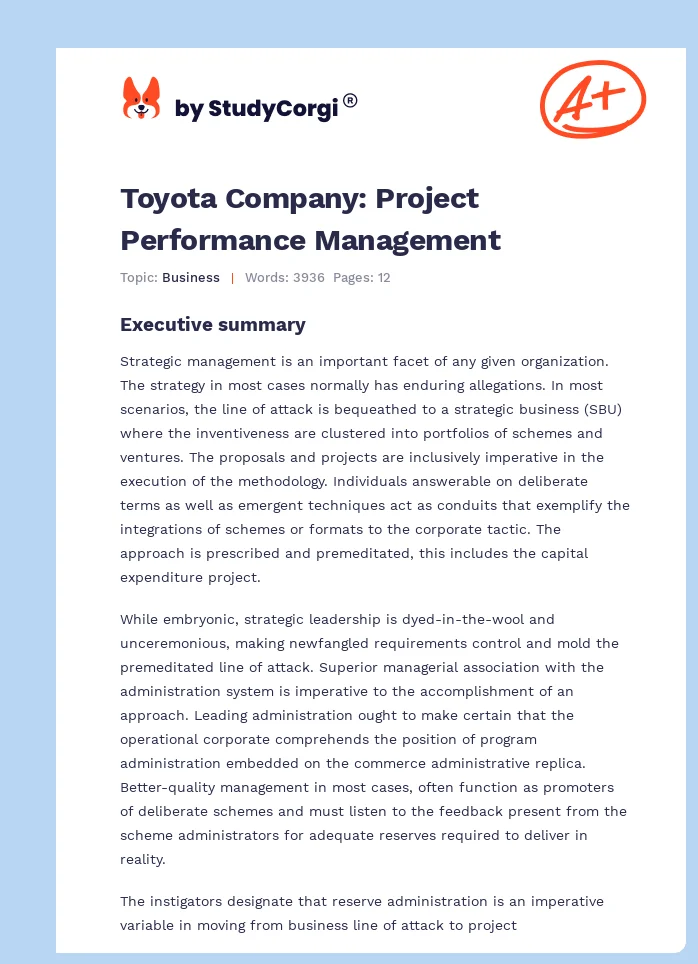 Toyota Company: Project Performance Management. Page 1