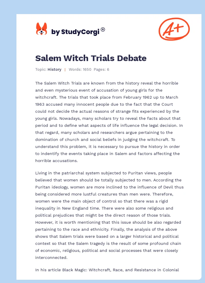 Salem Witch Trials Debate. Page 1