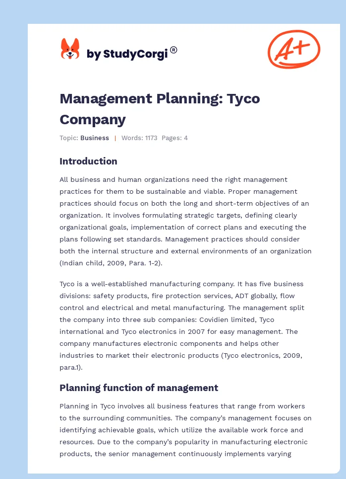 Management Planning: Tyco Company. Page 1