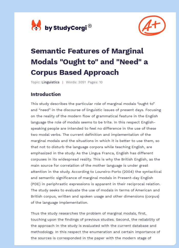 Semantic Features of Marginal Modals "Ought to" and "Need" a Corpus Based Approach. Page 1