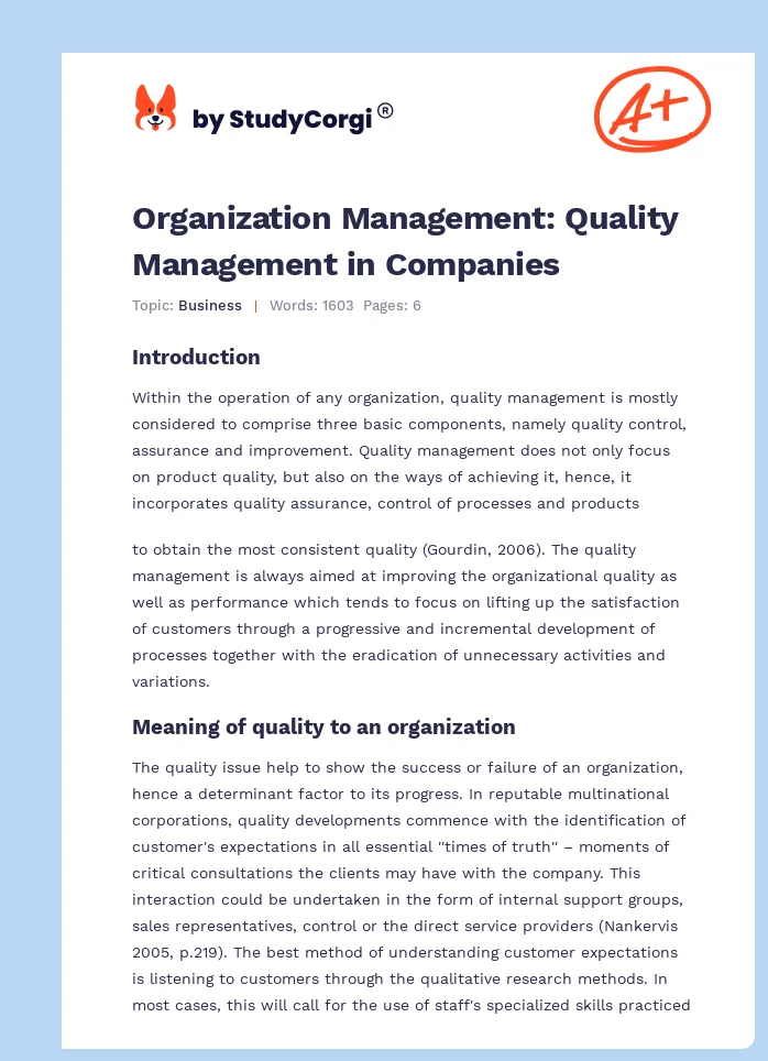 Organization Management: Quality Management in Companies. Page 1