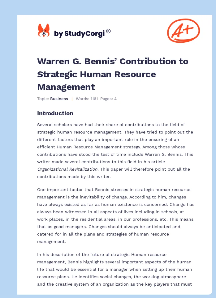 Warren G. Bennis’ Contribution to Strategic Human Resource Management. Page 1