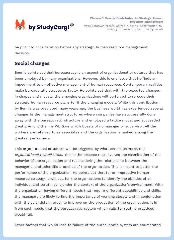 Warren G. Bennis’ Contribution to Strategic Human Resource Management. Page 2