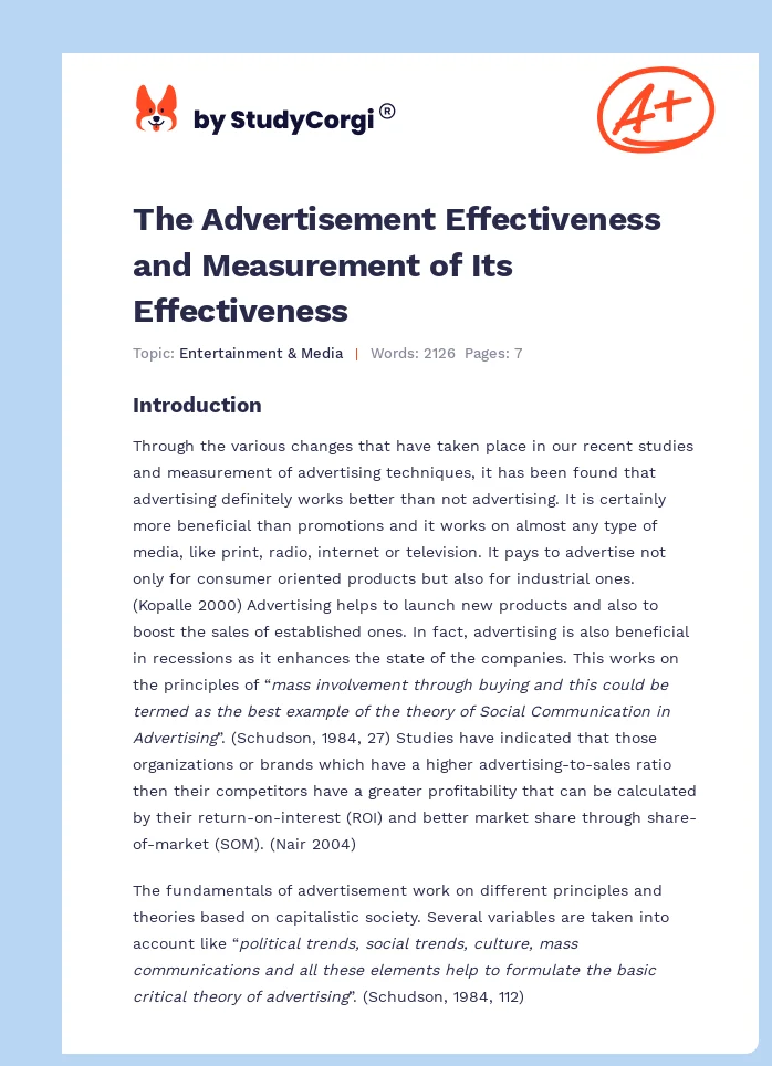 The Advertisement Effectiveness and Measurement of Its Effectiveness. Page 1