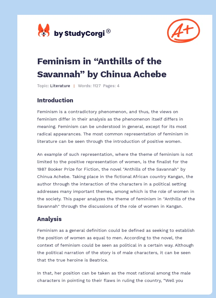 Feminism in “Anthills of the Savannah” by Chinua Achebe. Page 1