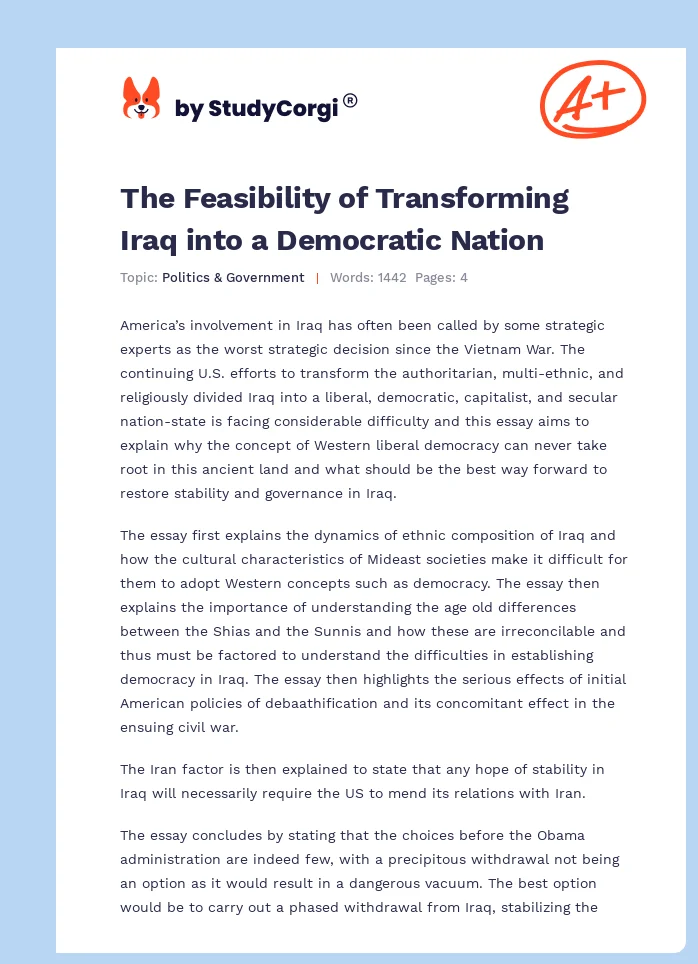 The Feasibility of Transforming Iraq into a Democratic Nation. Page 1