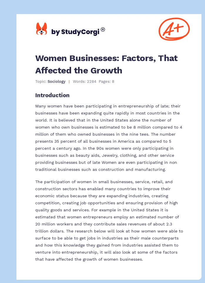 Women Businesses: Factors, That Affected the Growth. Page 1