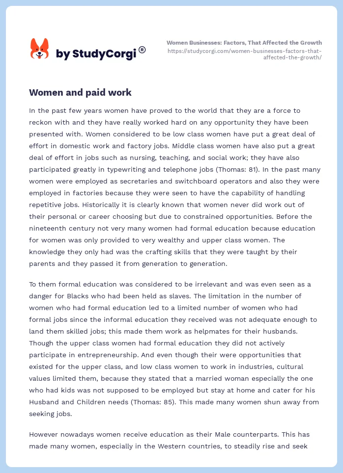 Women Businesses: Factors, That Affected the Growth. Page 2