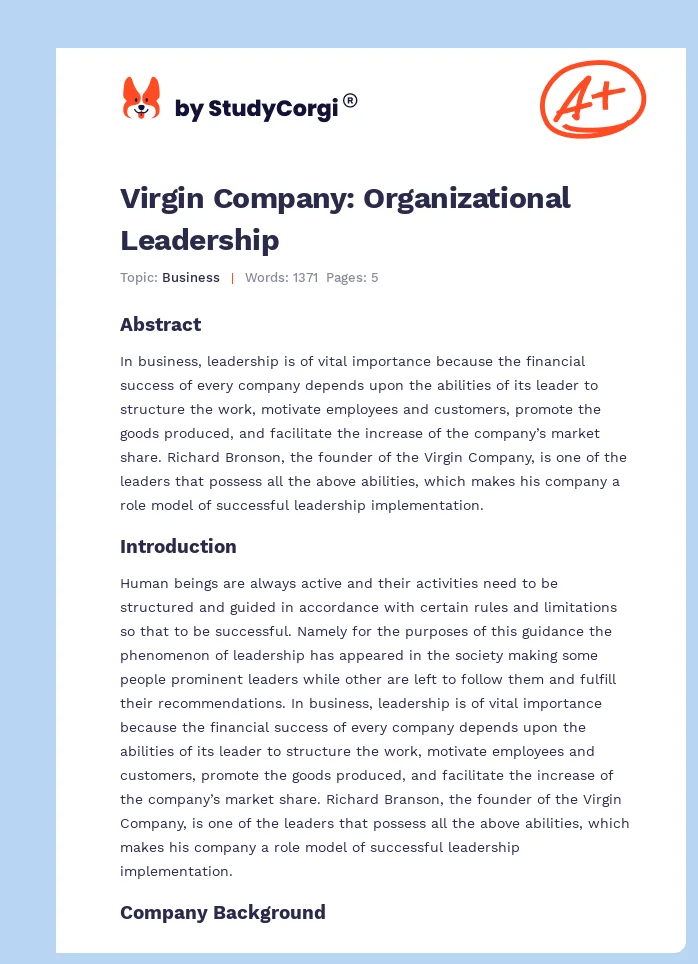 Virgin Company: Organizational Leadership. Page 1
