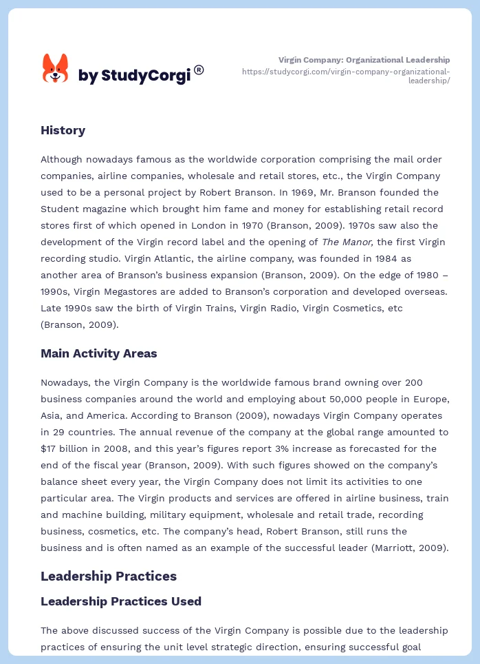 Virgin Company: Organizational Leadership. Page 2