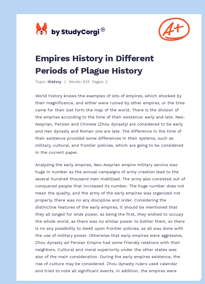 Empires History in Different Periods of Plague History. Page 1