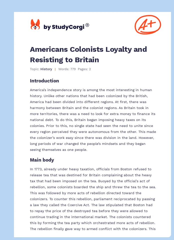 Americans Colonists Loyalty and Resisting to Britain. Page 1