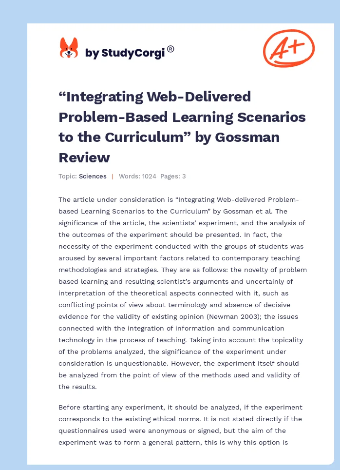 “Integrating Web-Delivered Problem-Based Learning Scenarios to the Curriculum” by Gossman Review. Page 1
