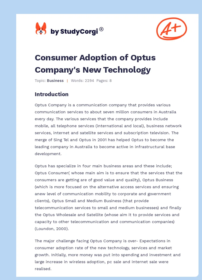 Consumer Adoption of Optus Company's New Technology. Page 1