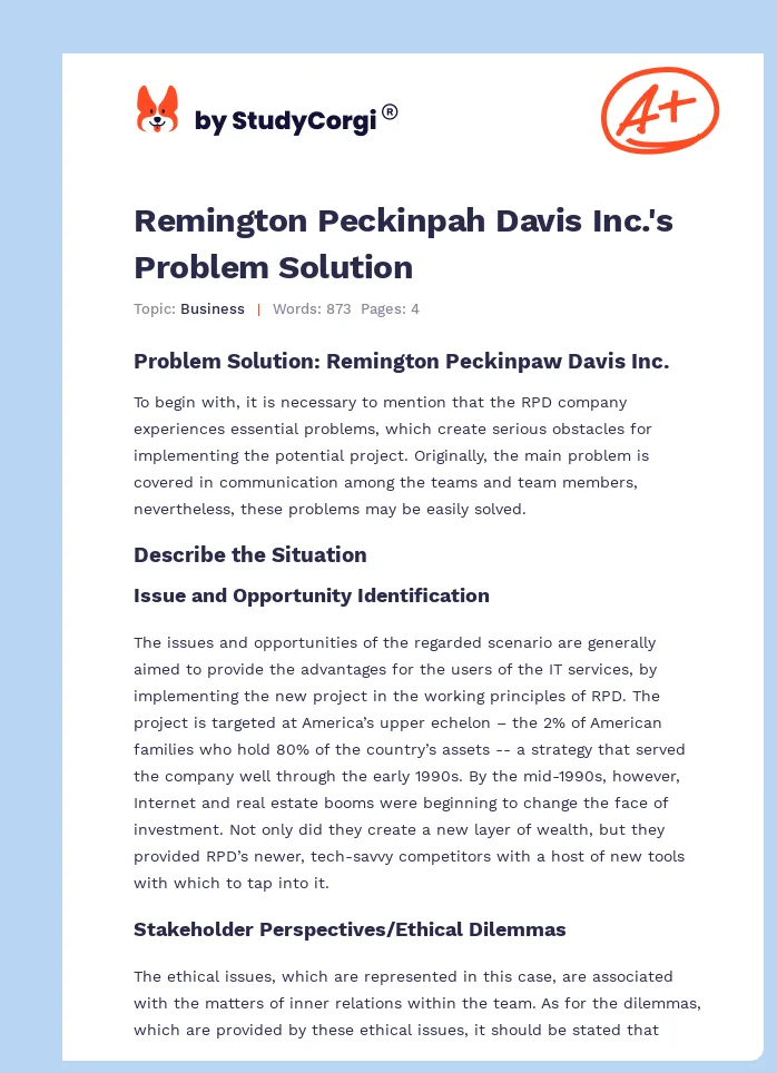 Remington Peckinpah Davis Inc.'s Problem Solution. Page 1