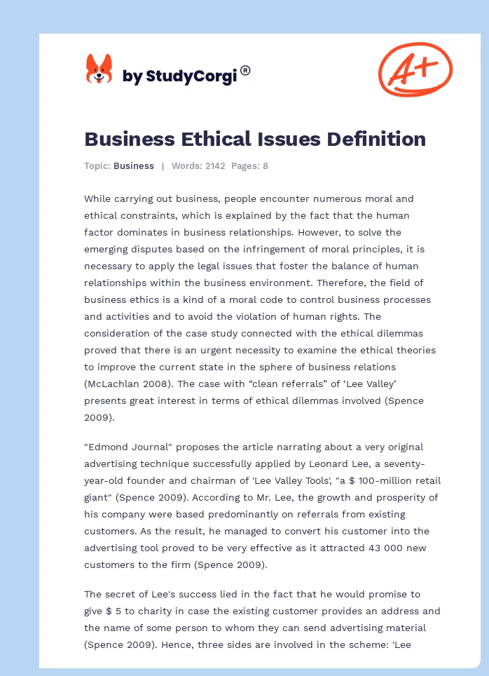 Business Ethical Issues Definition. Page 1