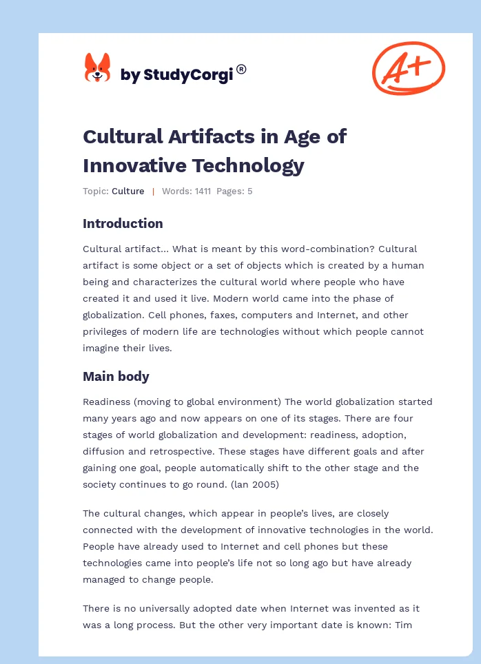 Cultural Artifacts in Age of Innovative Technology. Page 1