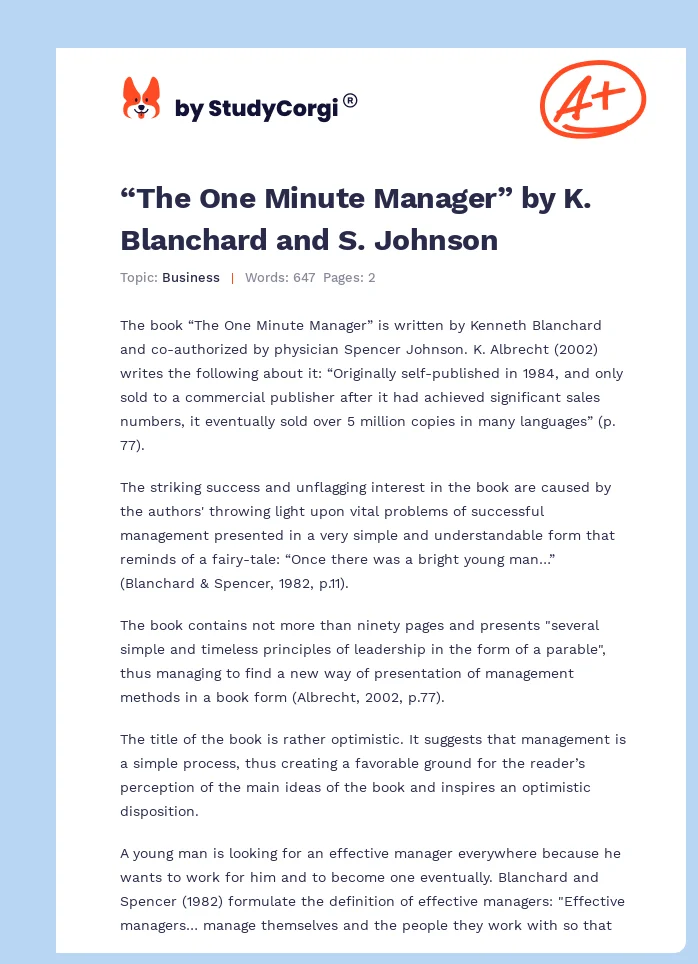 “The One Minute Manager” by K. Blanchard and S. Johnson. Page 1
