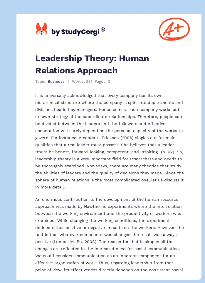 Leadership Theory: Human Relations Approach. Page 1