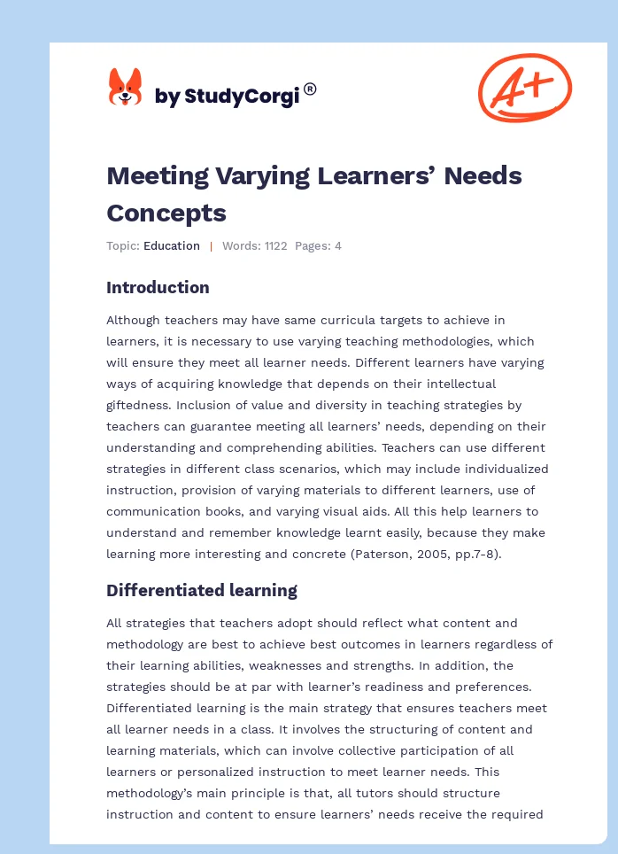 Meeting Varying Learners’ Needs Concepts. Page 1